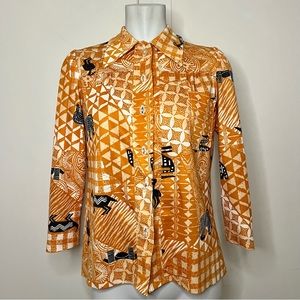 Vintage 70s Collared Orange Safari Print Knit Polyester Button Up Shirt
